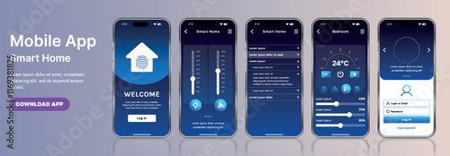 A sleek smart home application interface template featuring modern icons and a gradient design. Includes navigation menus for managing devices, monitoring security, controlling temperature