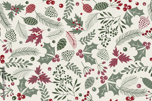 Merry Christmas, Happy New Year seamless pattern with fir cone, holly leaves and berries for greeting cards, wrapping papers. Seamless winter pattern. Vector illustration.