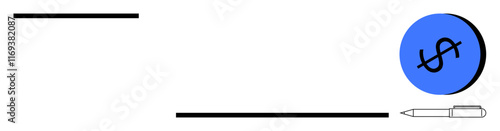 Horizontal black lines, pen, blue circle with dollar sign symbolize financial documentation and planning. Ideal for finance, budgeting, business, office work, contracts, savings and minimalistic