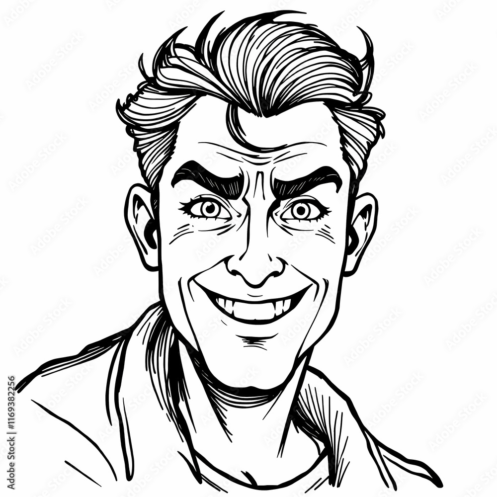 Intrigue and Suspense: A man's face, rendered in bold black and white, is etched with a mischievous grin, his eyes twinkling with an unspoken challenge. Intrigue and Suspense: A man's face, rendered in bold black and white, is etched with a mischievous grin, his eyes twinkling with an unspoken challenge.