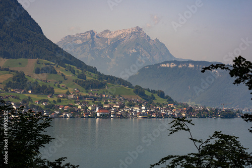 Alps mountains and like in Switzerland. Alps nature in Switzerland. Swiss Alps. Panoramic of the nature of Switzerland. Nature of Swiss lakes. Switzerland scenic landscape. Alps Nature background. photo