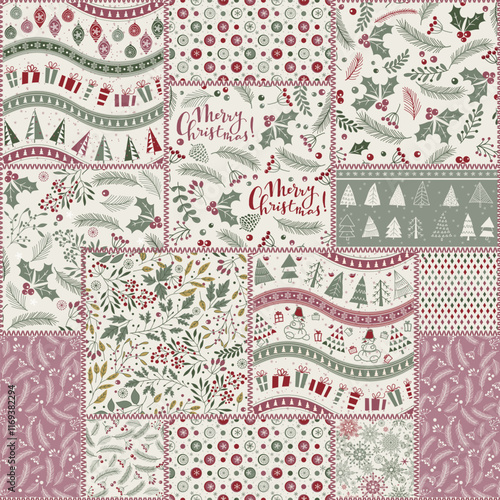 Seamless abstract colorful patchwork pattern  in Christmas style. Shabby chic. Vintage hand made quilt. Merry Christmas, Happy New Year greeting card, wrapping paper. Vector illustration