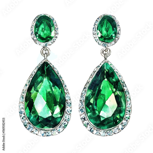 A watercolor vector painting of luxury emerald earrings, isolated on a white background. Luxury emerald earrings vector.

