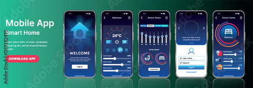 A sleek smart home application interface template featuring modern icons and a gradient design. Includes navigation menus for managing devices, monitoring security, controlling temperature