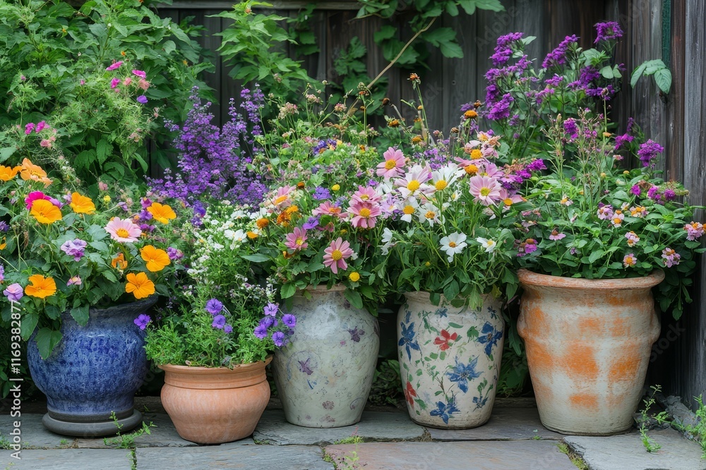 Colorful flowers in various pots, garden setting. Colorful flowers in various pots, garden setting.