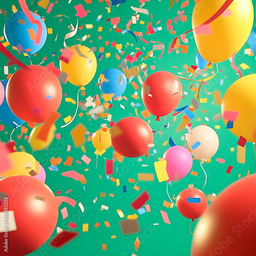 Green background with colorful balloons, ribbons and confetti