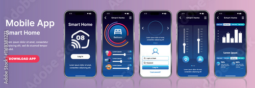 A sleek smart home application interface template featuring modern icons and a gradient design. Includes navigation menus for managing devices, monitoring security, controlling temperature