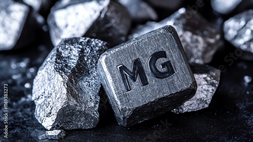 Close-up of metallic magnesium block among dark mineral rocks, showcasing its gleam and texture.