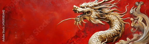 Golden Chinese dragon elegantly swirling on a vivid red background, striking cultural representation photo