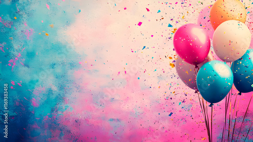Watercolor background with pink, blue and yellow balloons