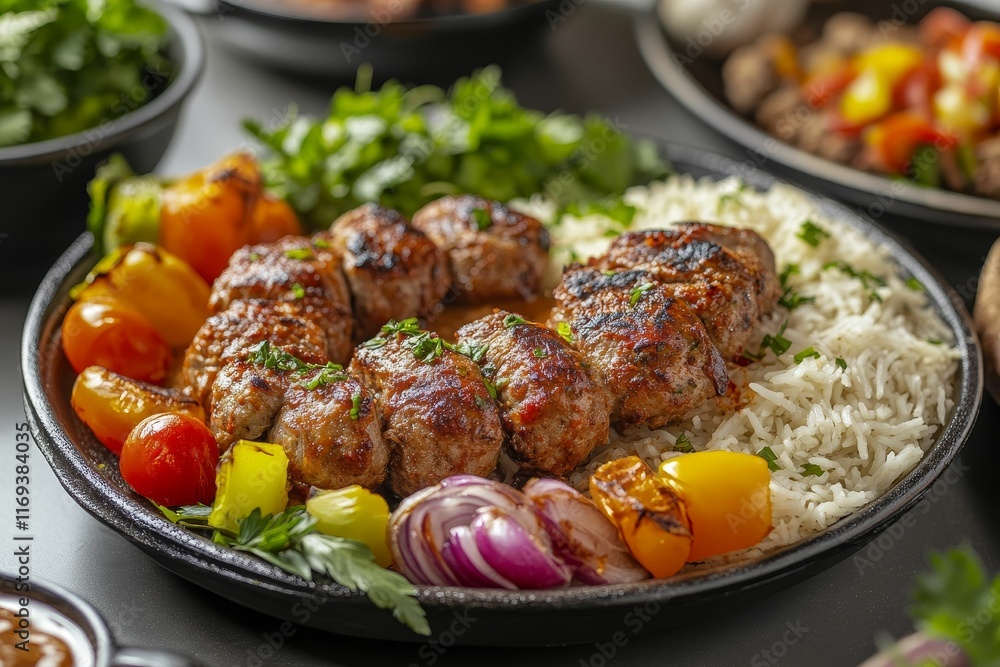 Grilled meat skewers, rice, vegetables, herbs. Grilled meat skewers, rice, vegetables, herbs.