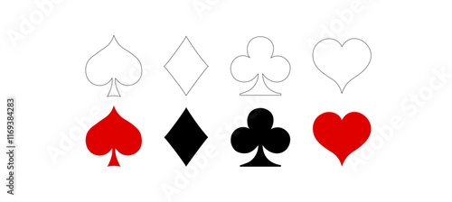 Suit deck of playing cards on white background. Suit deck of playing cards. Poker, card game, Vector illustration.