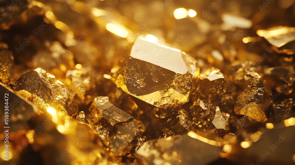 Close-up view of shimmering gold crystals in natural light. Close-up view of shimmering gold crystals in natural light.