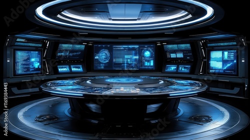 Futuristic command center with glowing blue screens and a central console. Ideal for sci-fi movies or video game environments.