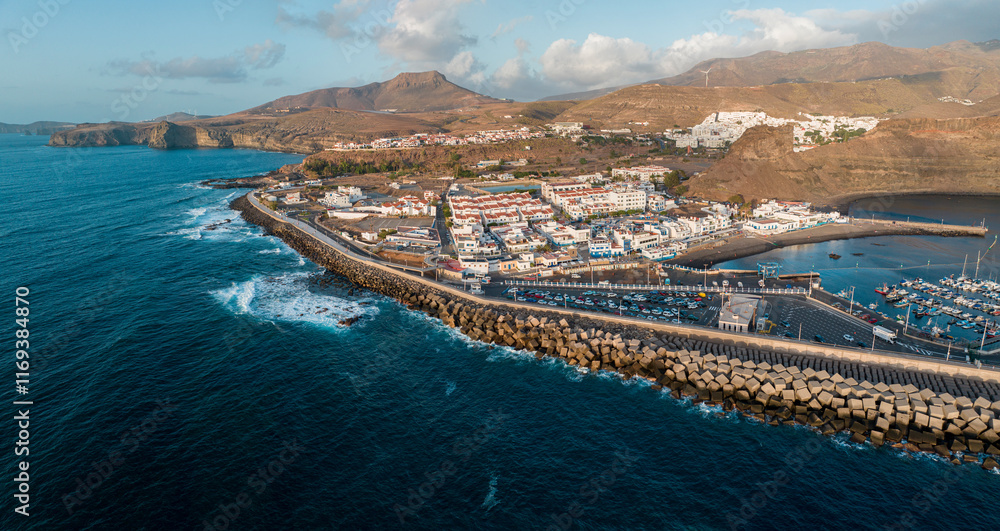 Fototapeta premium Aerial view of Puerto de las Nieves, Gran Canaria, Spain. Departure point for ferries to other Canary Islands 09/06/2024
