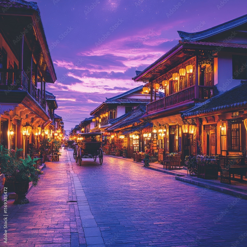 Naklejka premium Enchanting Twilight in Traditional Asian Village Street with Lanterns Illuminating Historic Architecture and Serene Atmosphere at Dusk for Peaceful Travel Inspiration