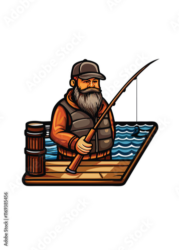 A bearded fisherman standing on a wooden platform holding a fishing rod, with blue water behind him.