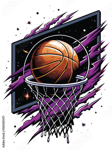 A basketball flying towards a hoop in neon purple and black.