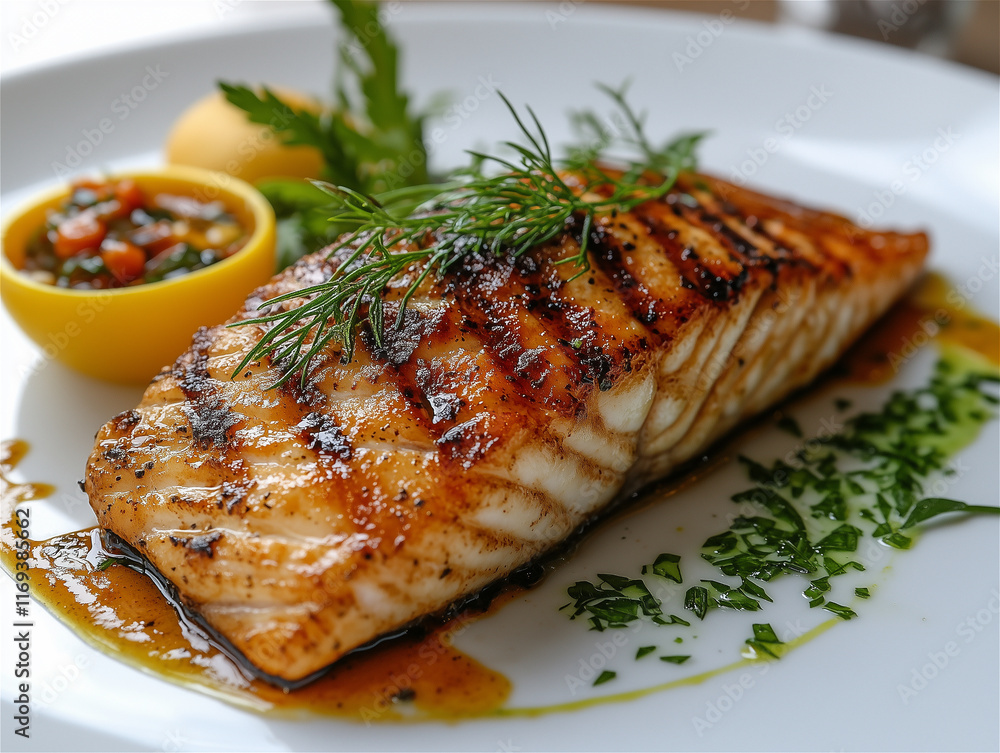 Food photography. A piece of fried red fish with herbs on a white plate. Photography for a website or magazine. Food photography. A piece of fried red fish with herbs on a white plate. Photography for a website or magazine.