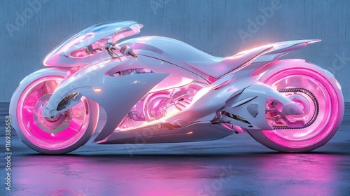 A futuristic white motorcycle with vibrant pink neon lights. Ideal for sci-fi films, video games, or any project needing a sleek, futuristic vehicle.