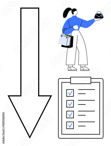 Person holding shopping bags, large down arrow, and a clipboard with a checklist. Ideal for task management, productivity, priority setting, shopping organization, workflow optimization, goal