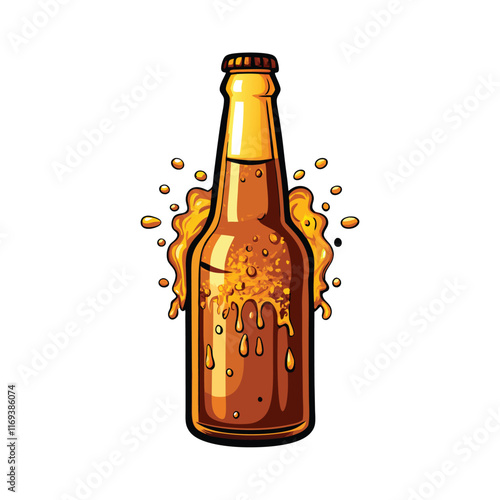 Cartoon illustration of a brown beer bottle with golden liquid inside, surrounded by splashes of beer.
