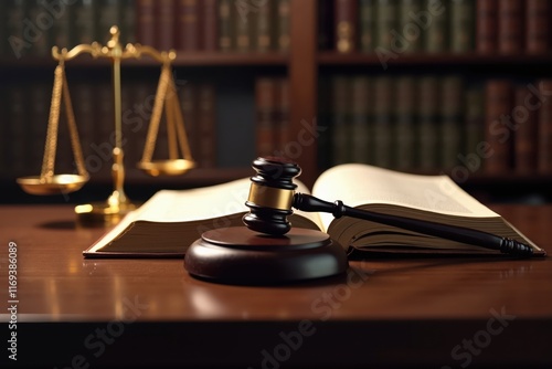 a gavel and scales on a table in front of a law book photo