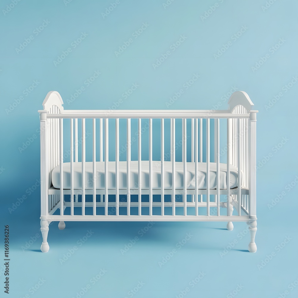 Elegant White Crib on Soft Blue Background for Newborn Baby s Peaceful Nursery Elegant White Crib on Soft Blue Background for Newborn Baby s Peaceful Nursery