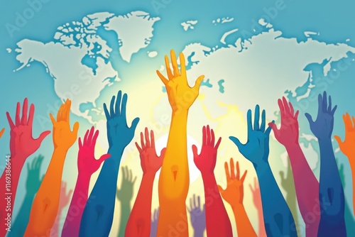 Fototapeta Naklejka Na Ścianę i Meble -  many hands reaching up to the sky with a world map in the background