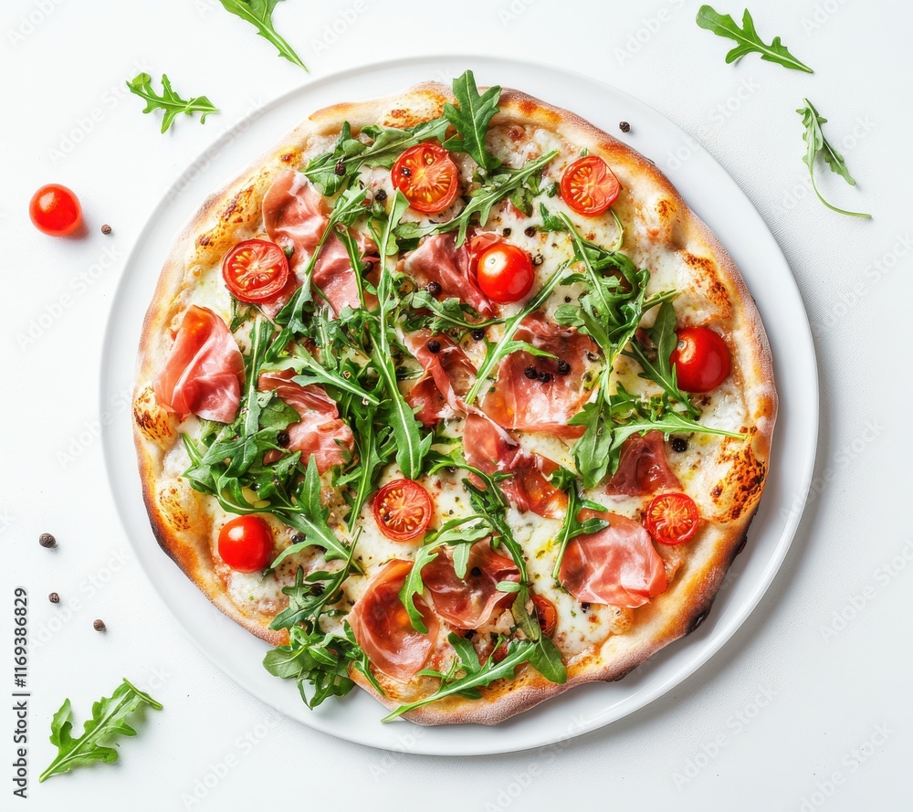 Freshly Baked Pizza with Prosciutto, Cherry Tomatoes, and Arugula Served on a White Plate Against a Minimalist Background Freshly Baked Pizza with Prosciutto, Cherry Tomatoes, and Arugula Served on a White Plate Against a Minimalist Background