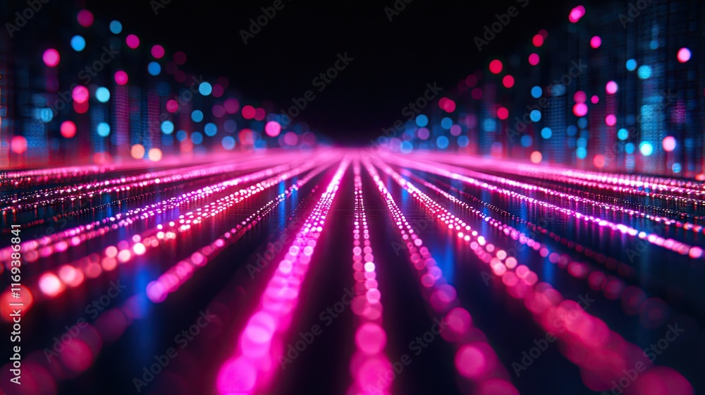 Abstract pink and blue glowing lines and particles converging into the vanishing point. Perfect for technology or music-related designs and presentations. Abstract pink and blue glowing lines and particles converging into the vanishing point. Perfect for technology or music-related designs and presentations.