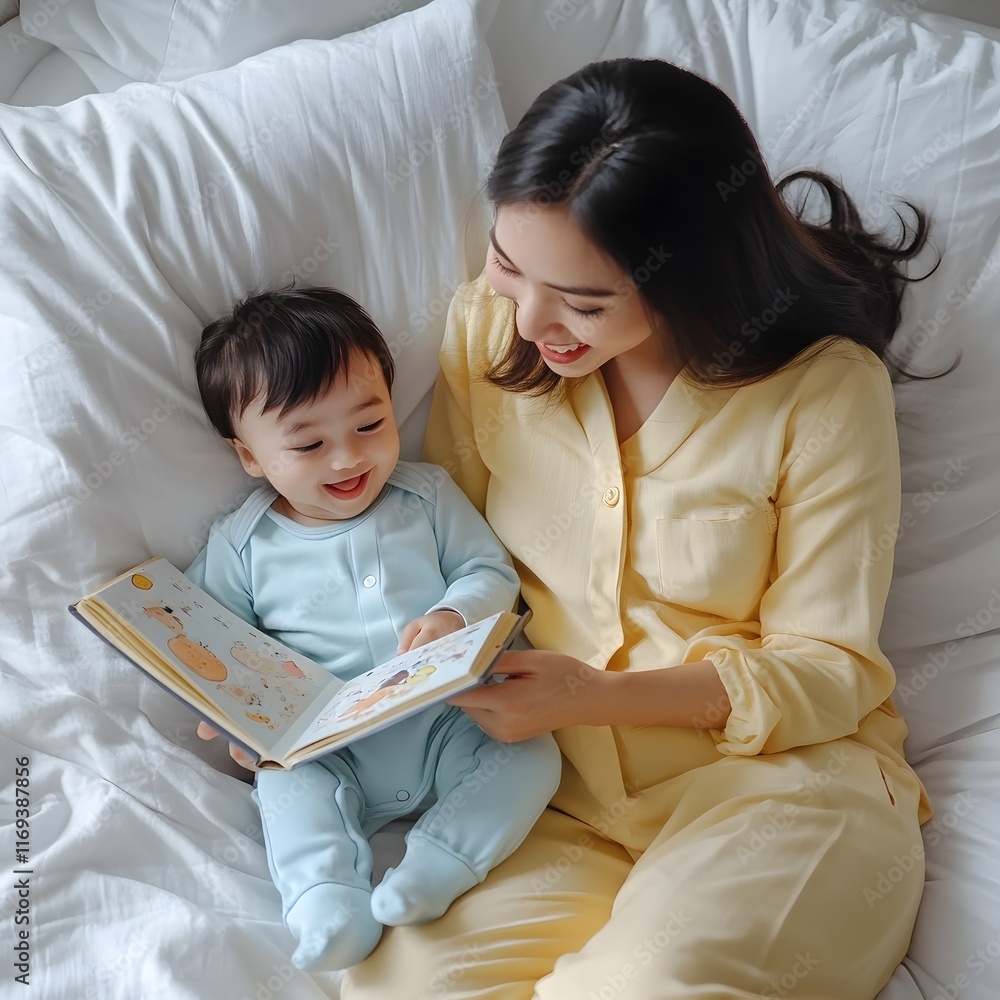 Caring Mother Reading Book to Smiling Toddler on Cozy Bedroom Bed Caring Mother Reading Book to Smiling Toddler on Cozy Bedroom Bed