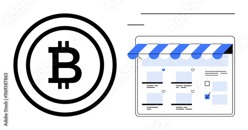 Bitcoin symbol coin next to online shop interface, integration of cryptocurrency and e-commerce, innovative digital marketplace, secure transactions. Ideal for finance, e-commerce, online shopping