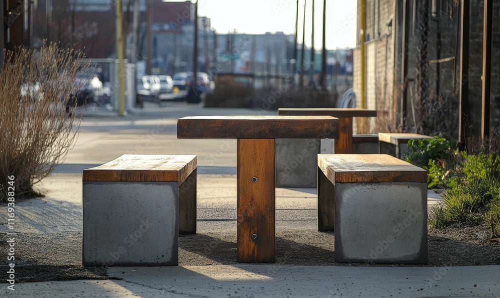 Wooden table, concrete benches, urban setting, sunlight. Wooden table, concrete benches, urban setting, sunlight.
