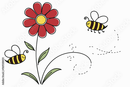 cartoon flower, simple illustration, red petals, yellow center, two bees, black and yellow stripes, whimsical design, bold outlines, minimalist style, cheerful colors, nature-inspired, vector art, chi