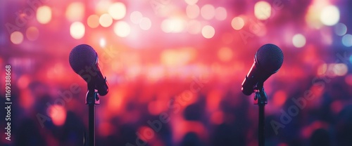 Two microphones on stage before a blurred crowd. photo