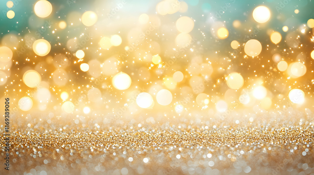 Radiant bokeh sparkles in warm yellow and teal hues indoors with glowing particles on a muted pastel background