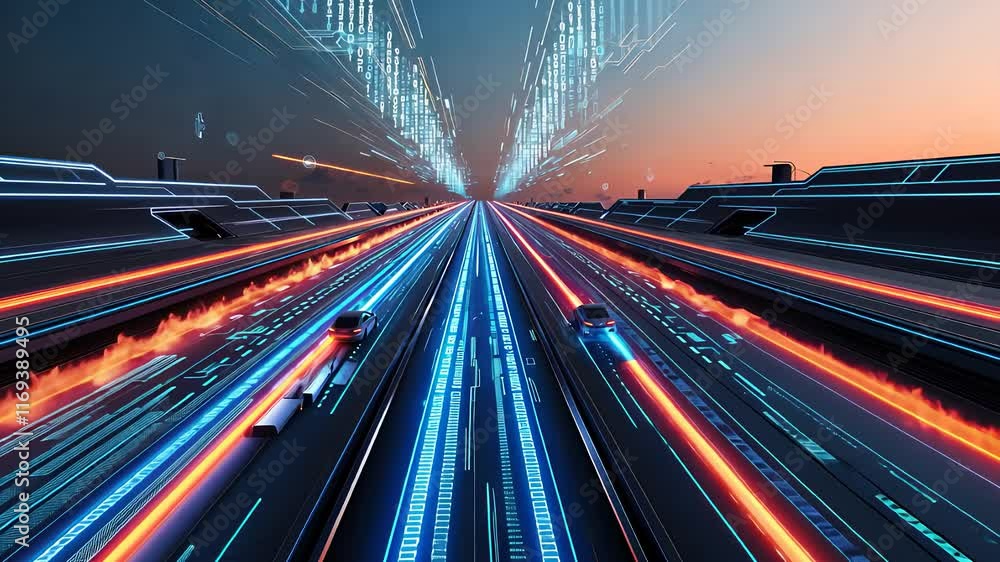 Futuristic Highway with Neon Light Trails and High-Speed Vehicles in a Dynamic Sci-Fi Digital Landscape
Futuristic Highway with Neon Light Trails and High-Speed Vehicles in a Dynamic Sci-Fi Digital Landscape