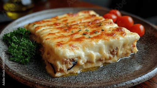 Delicious Homemade Greek Moussaka with Creamy BÃ©chamel Sauce and Melted Cheese Served with Fresh Cherry Tomatoes and Parsley Garnish on Rustic Plate photo