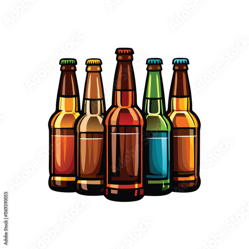 A cartoon illustration of five beer bottles in various colors.