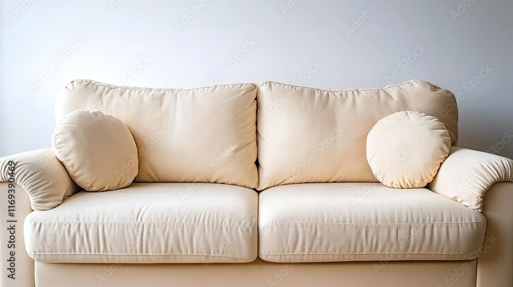 Obraz premium Soft beige texture contrasts beautifully with a round pillow on a white background, enhancing a serene minimalist interior space