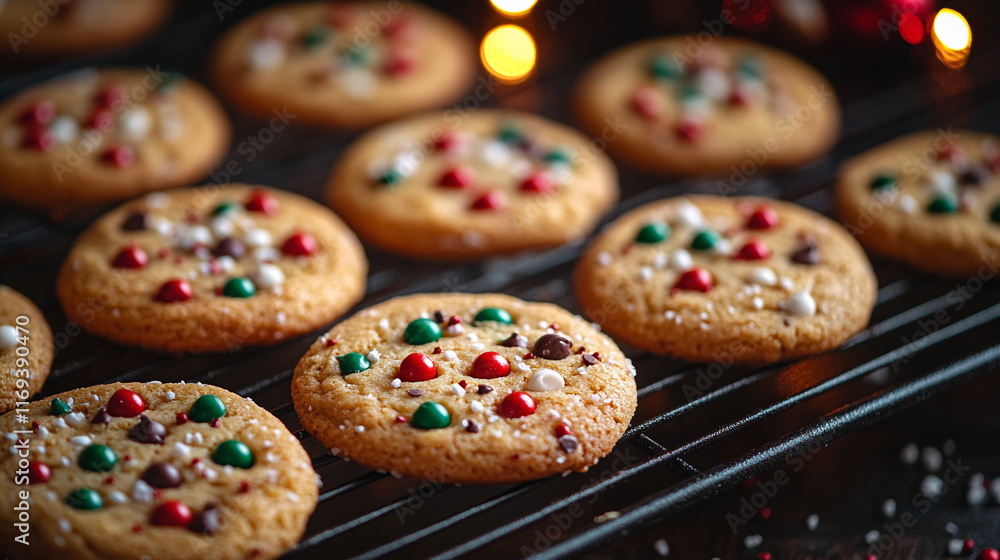 Freshly baked holiday cookies cooling on a rack with colorful decorations Freshly baked holiday cookies cooling on a rack with colorful decorations