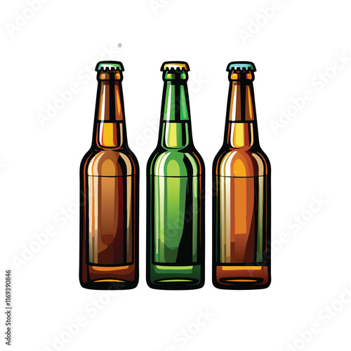 Three beer bottles in different colors standing in a row.