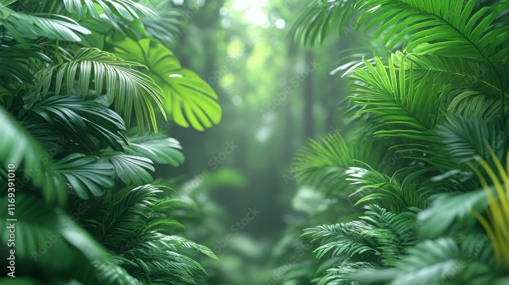 Fototapeta premium Lush Green Tropical Rainforest Canopy with Vibrant Leaves and Soft Sunlight Filtering Through Dense Foliage Creating a Serene and Peaceful Atmosphere