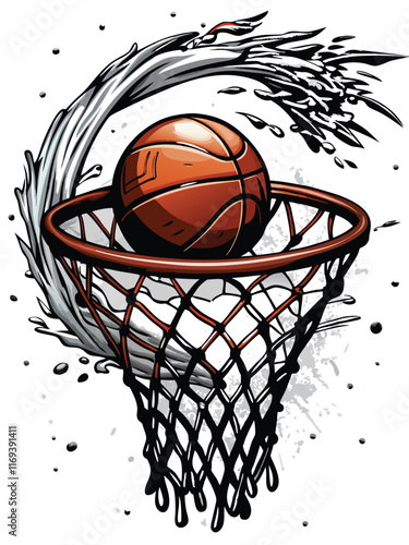 Detailed basketball net with a basketball swishing through it.