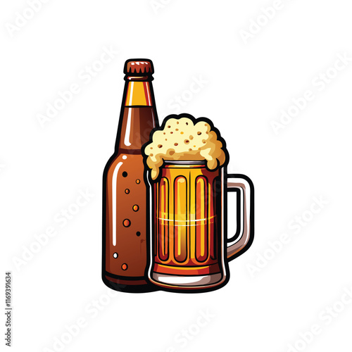 Detailed vector illustration of a beer bottle and a glass of beer with foam.