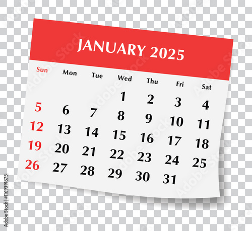 2025 January English calendar. Vector illustration of monthly paper page with transparent background