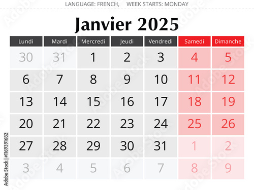 French calendar for January 2025. Vector illustration of winter month for France