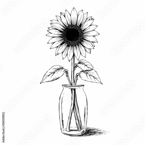 Hand-Drawn Sunflower in Vase: A delicate, hand-drawn illustration of a sunflower in a vase, showcasing its vibrant beauty and graceful form.  