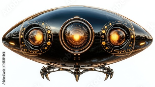 Fototapeta Naklejka Na Ścianę i Meble -  A sleek black and gold futuristic spacecraft or drone with glowing orange lights. Ideal for sci-fi games or films as an enemy ship or surveillance drone.